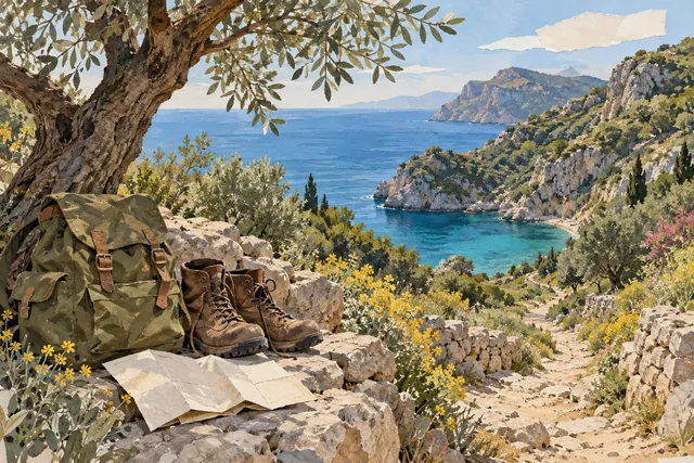 Gouache illustration of hiking boots, a backpack and a blank map beside an olive tree above an imagined Sorrento peninsula coastal path.