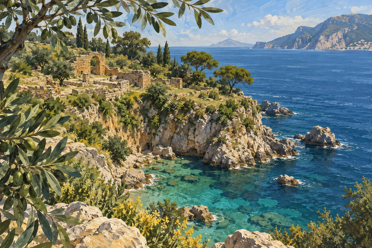 Editorial illustration of fragmentary ancient masonry above a rocky turquoise inlet, framed by olive leaves on the Sorrento coast.
