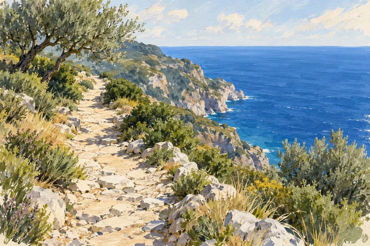 Conceptual editorial watercolor of a stony Mediterranean walking path through low scrub with blue water beyond, rather than an exact trail map.