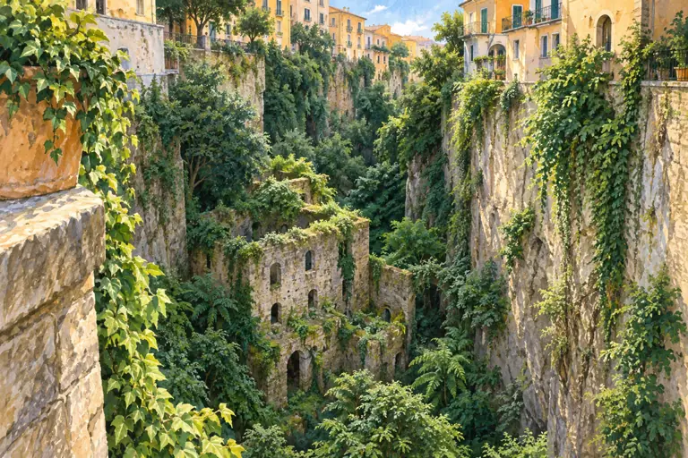 Interpretive editorial painting of roofless mill masonry and dense greenery in a narrow urban ravine, viewed from above.