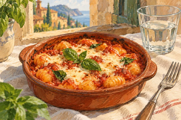 Painterly editorial illustration of gnocchi with tomato, melted cheese and basil in a terracotta dish beside a glass and fork.