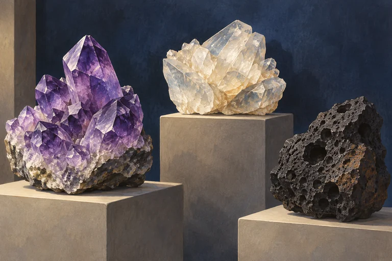 Editorial illustration of purple crystals, pale crystals and a dark porous rock on three imagined museum plinths.