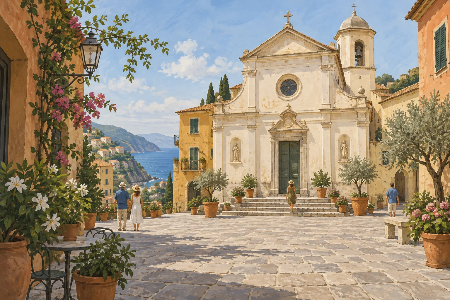 Painterly editorial illustration of an imagined Mediterranean town square, pale church facade and potted plants with a distant glimpse of the sea.