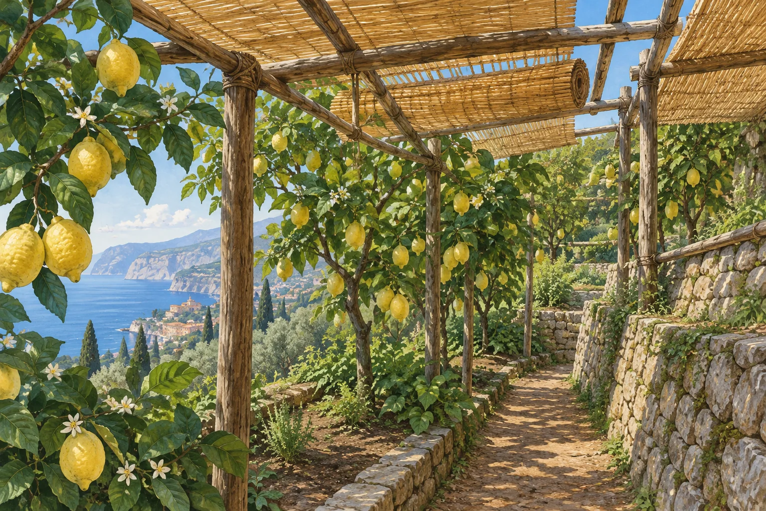 Editorial illustration of an imagined lemon grove beneath wooden poles and partly rolled reed mats, with green foliage, yellow fruit and a narrow working path.