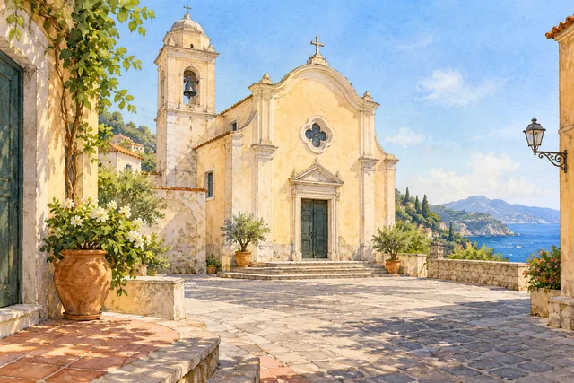Editorial illustration of an imagined pale church and bell tower beside a quiet paved square, with potted greenery and a distant glimpse of the sea.