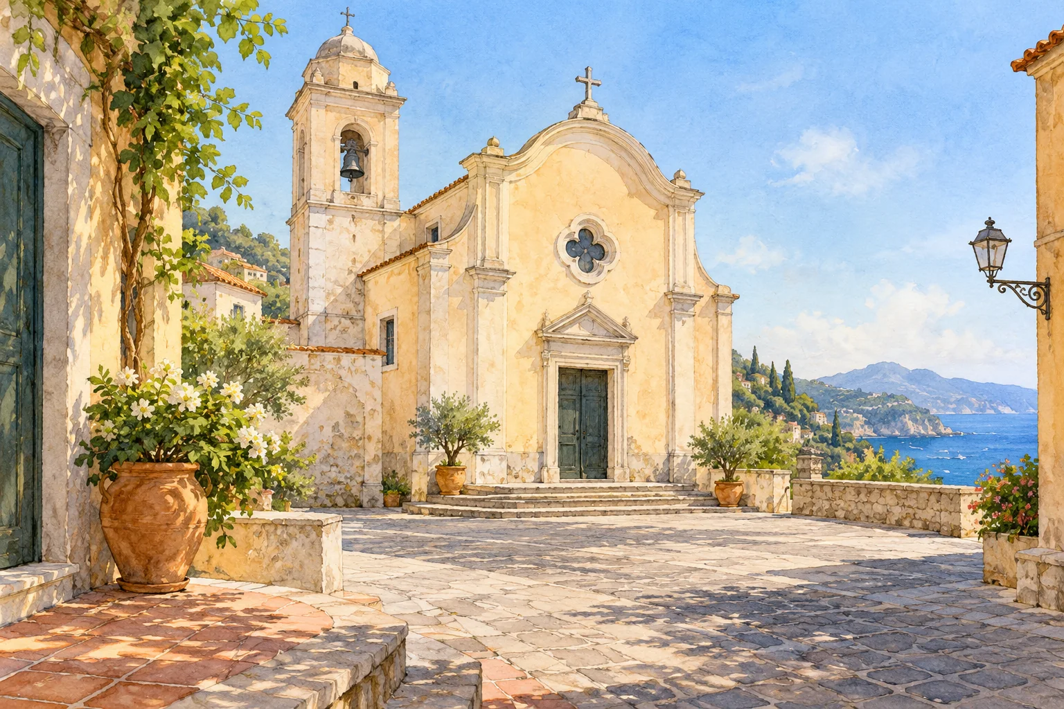 Editorial illustration of an imagined pale church and bell tower beside a quiet paved square, with potted greenery and a distant glimpse of the sea.