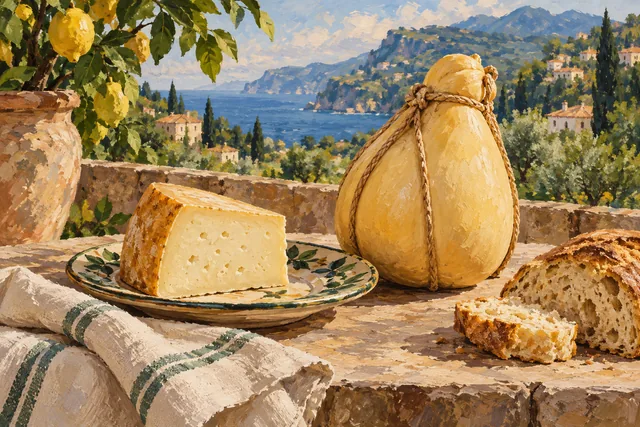 Editorial illustration of a cheese wedge and a twine-bound whole cheese beside bread and linen, with an imagined green coastal hillside beyond.