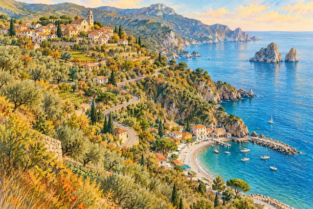 Editorial watercolor illustration of an imagined hillside village above a separate pebble beach, linked by a winding coastal road.