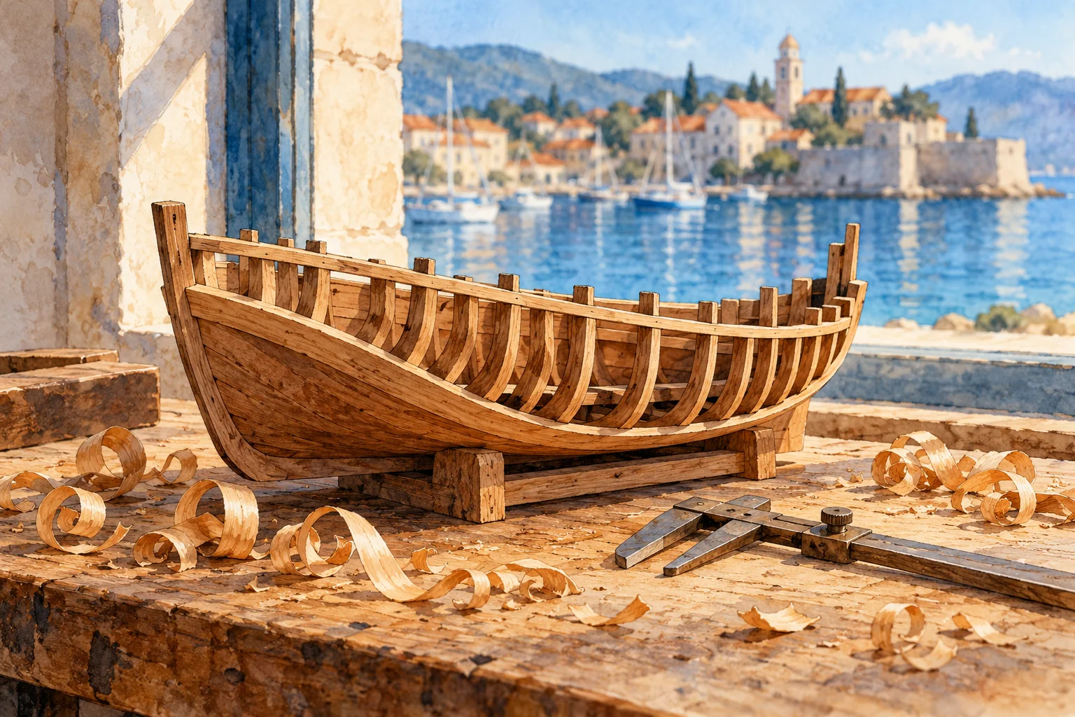 Editorial ink-and-watercolor illustration of an unfinished wooden boat model, curved ribs and shavings on a workbench beside an imagined harbor; not a historic reconstruction.