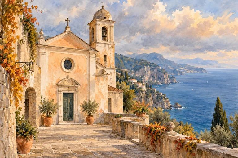 Editorial watercolor illustration of an imagined pale coastal church and terrace above blue water; a conceptual peninsula scene, not a factual view of SS. Annunziata.