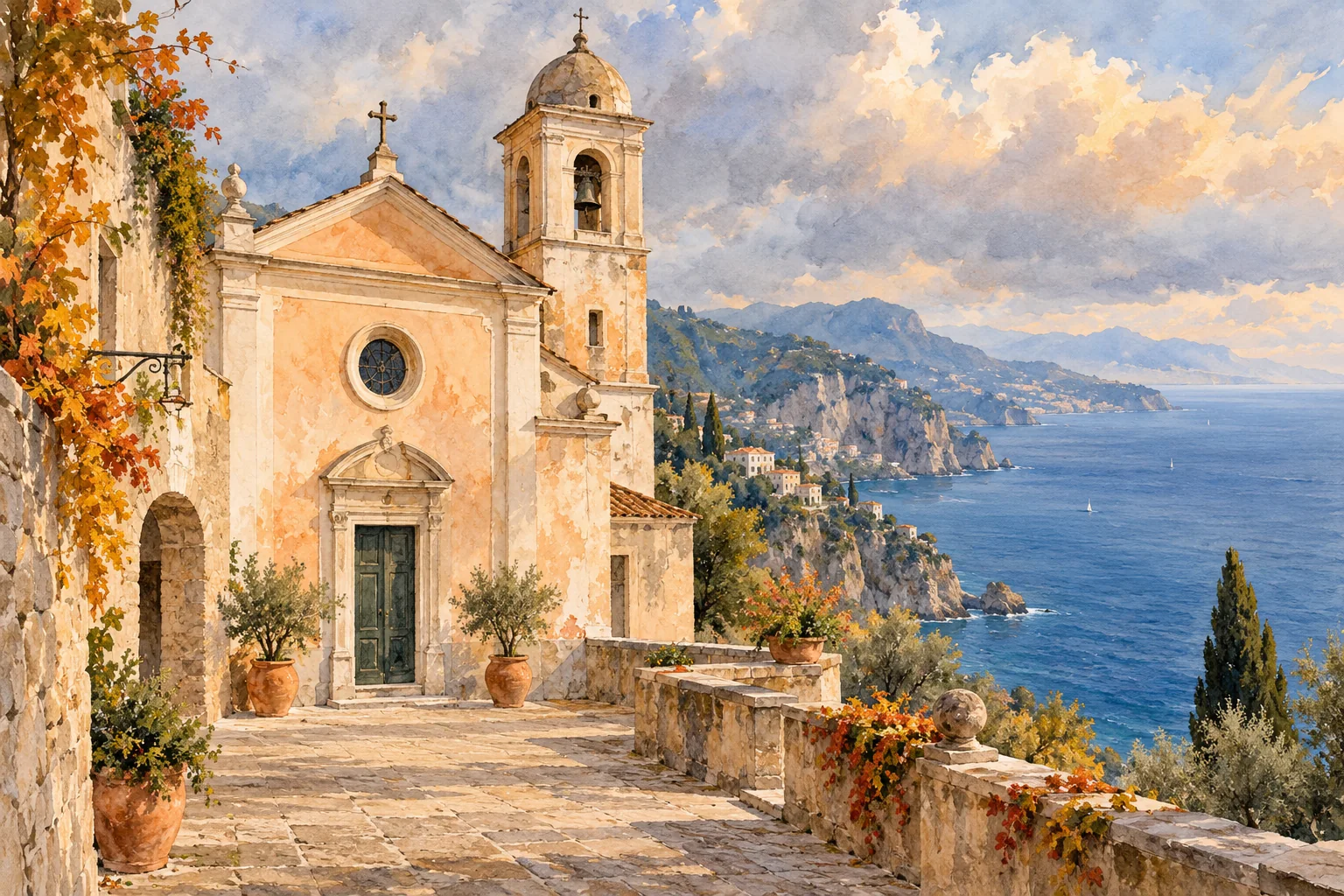 Editorial watercolor illustration of an imagined pale coastal church and terrace above blue water; a conceptual peninsula scene, not a factual view of SS. Annunziata.