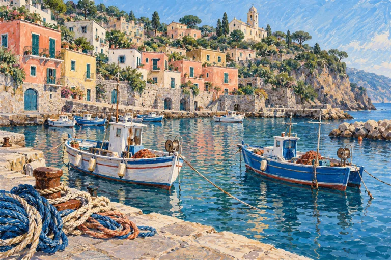 Editorial gouache of imagined fishing boats, ropes and hillside homes in a small Massa Lubrense harbor, not an actual tour photograph.