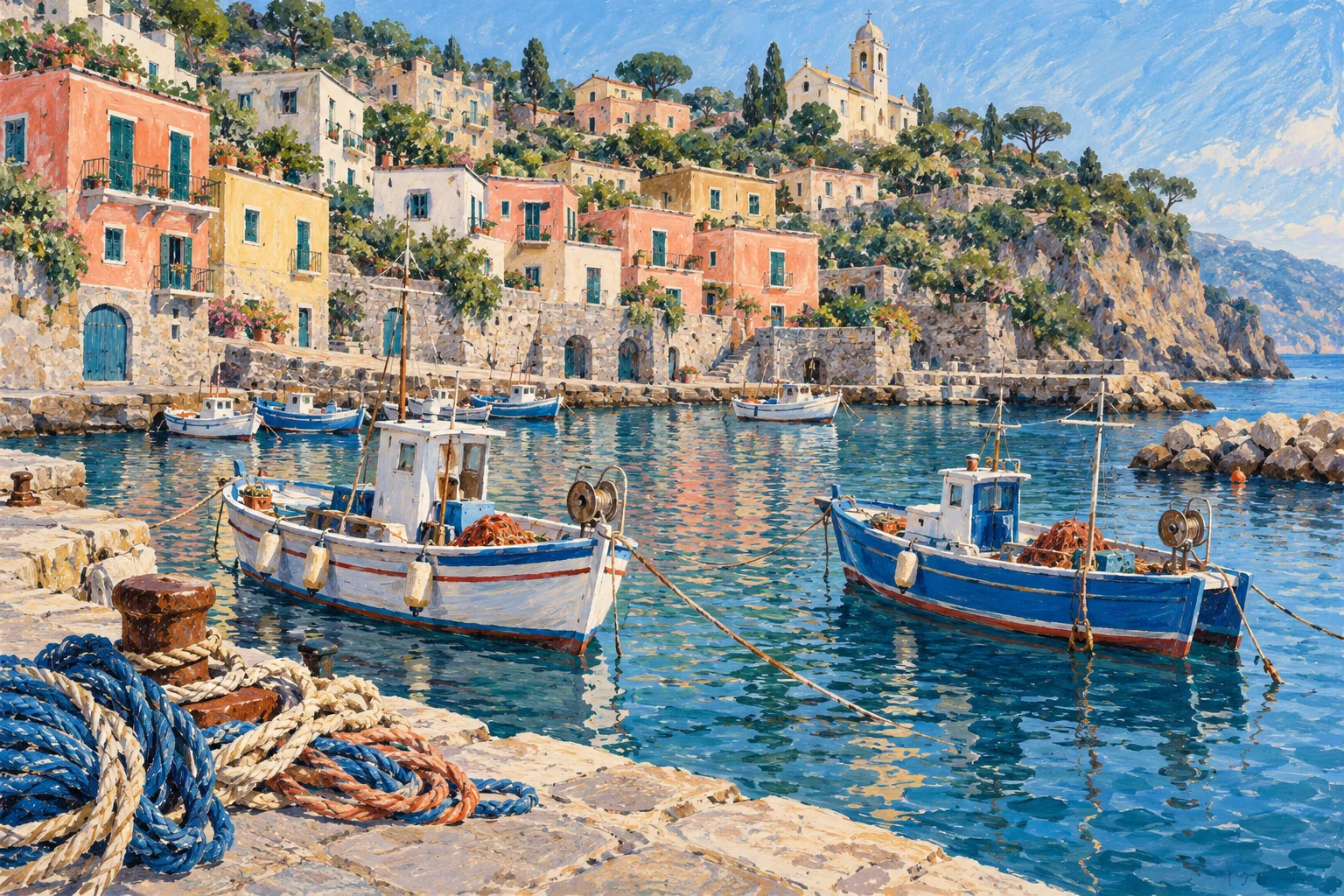 Editorial gouache of imagined fishing boats, ropes and hillside homes in a small Massa Lubrense harbor, not an actual tour photograph.
