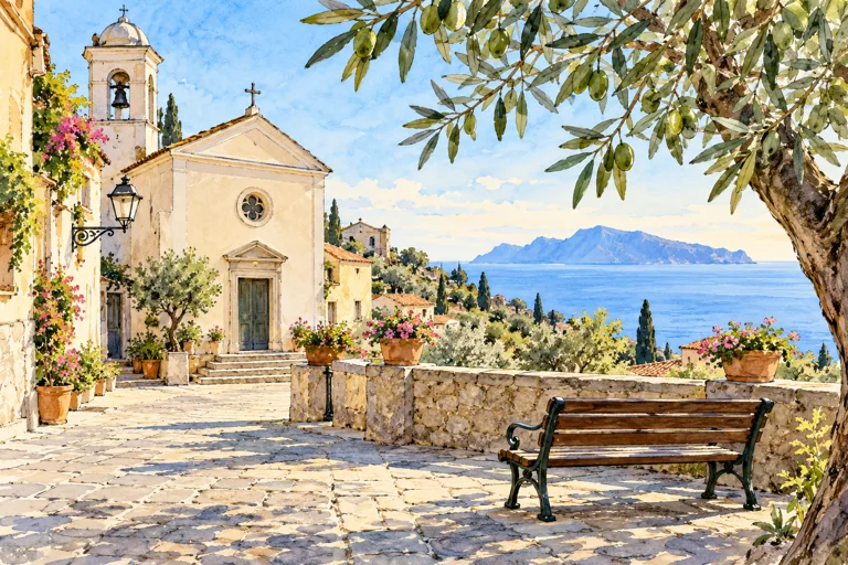 Editorial watercolor of an imagined Massa Lubrense village square, olive tree and distant island, not an exact view of Termini.