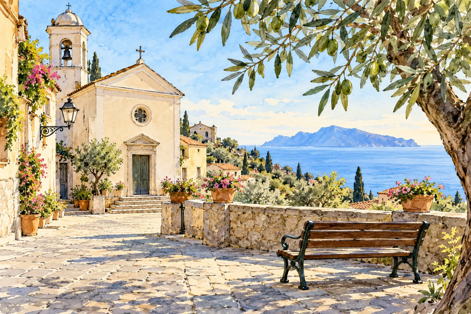 Editorial watercolor of an imagined Massa Lubrense village square, olive tree and distant island, not an exact view of Termini.