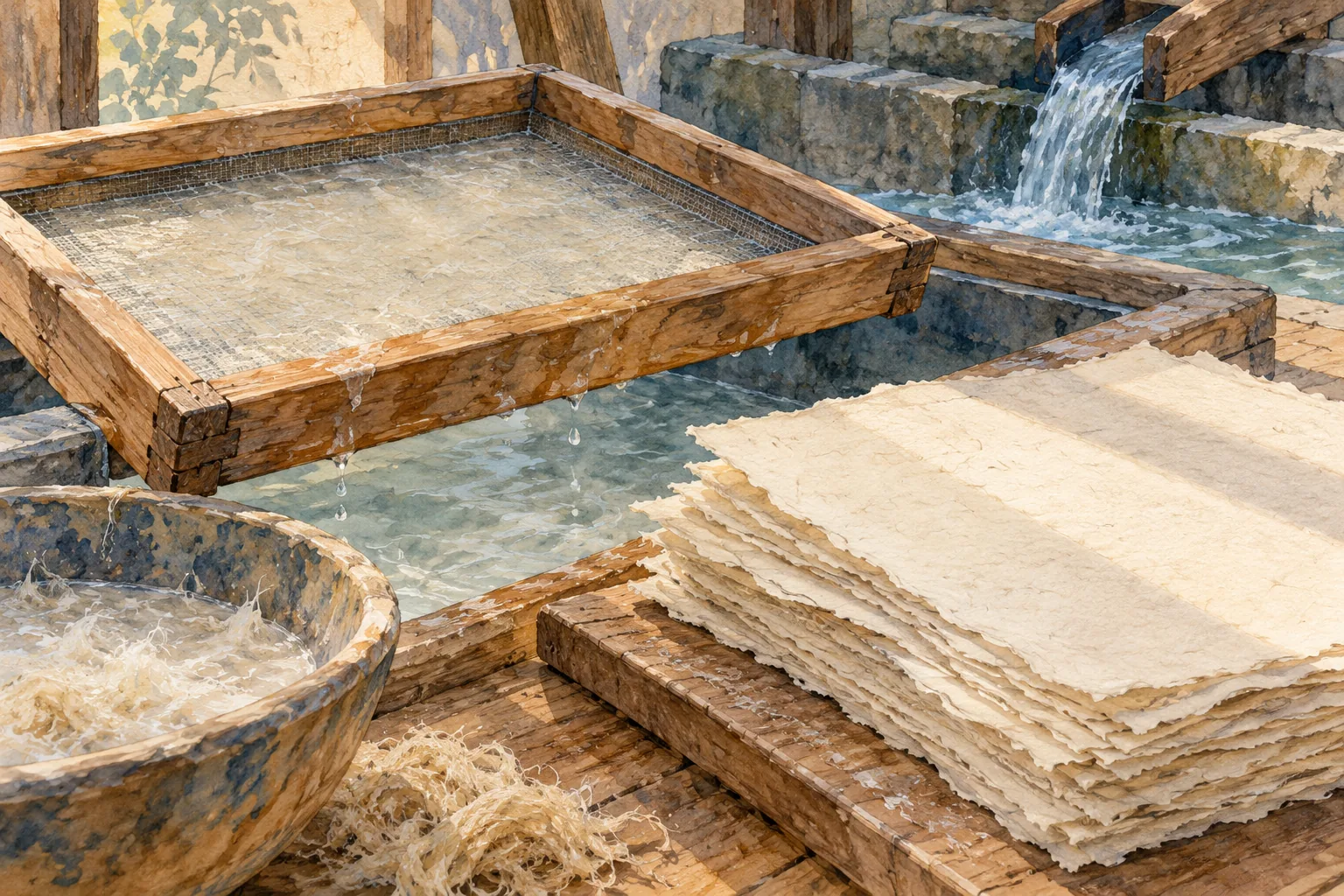 Editorial watercolor of an imagined papermaking mould, textured sheets and water, not an actual Amalfi museum photograph.