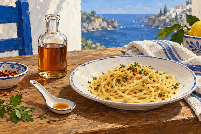 Editorial gouache of an unlabelled amber condiment bottle, spoon and spaghetti, an imagined food still life rather than a tour photograph.