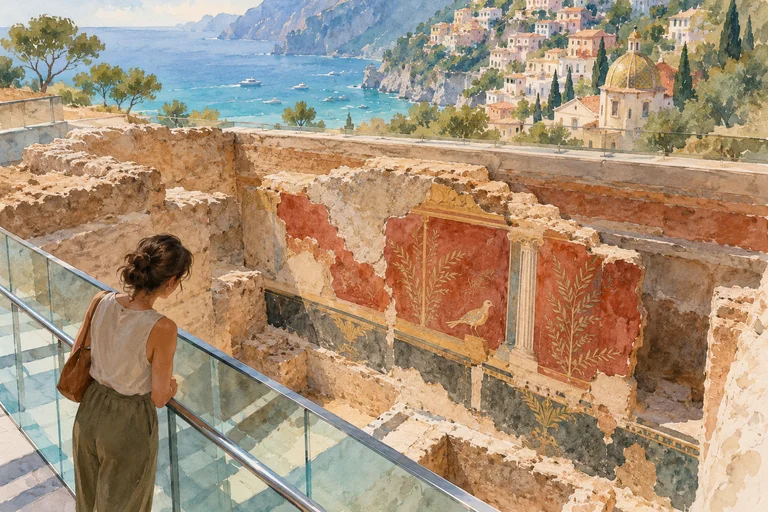 Editorial watercolor of an imagined archaeological walkway and painted wall beneath a coastal town, not a reconstruction of Positano’s Roman villa.