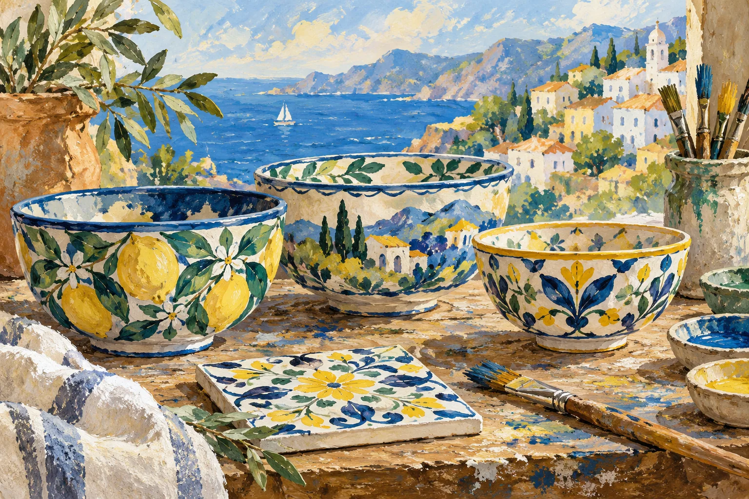 Editorial gouache of imagined decorated bowls, a tile and paintbrushes above a coastal village, not actual museum objects or a workshop photograph.
