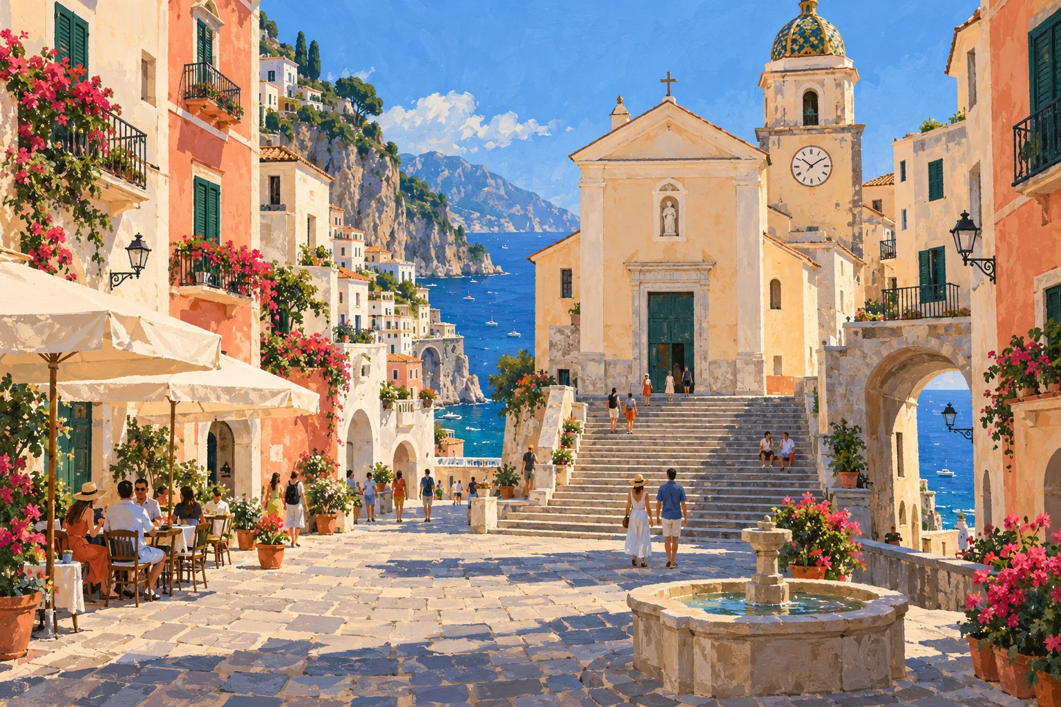 Editorial gouache of an imagined Amalfi Coast square, church steps and a glimpse of sea; an illustration rather than an exact view of Atrani.
