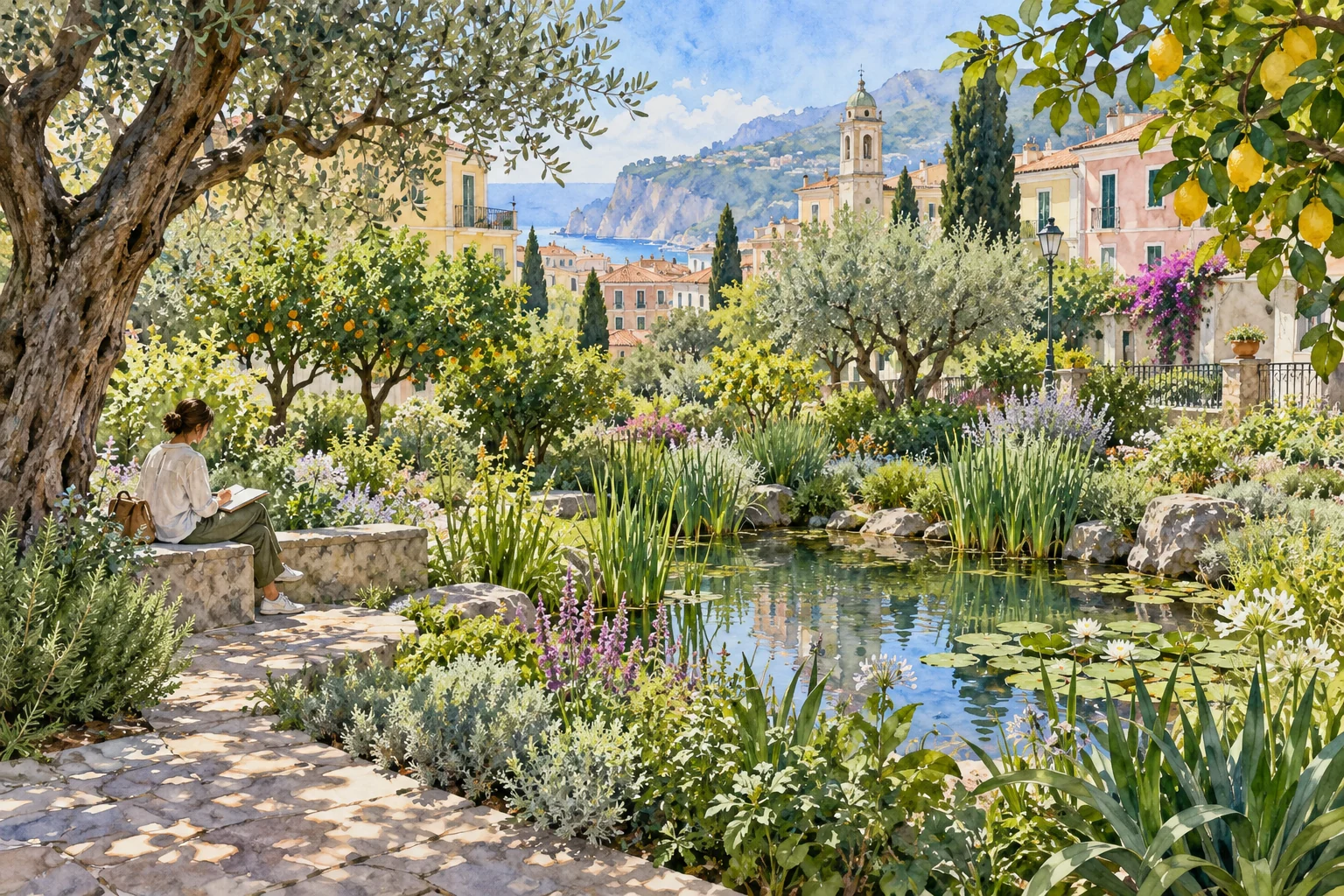 Editorial watercolor of an imagined Mediterranean pocket park with a pond, reeds, shrubs and a seated observer; not an actual park plan or photograph.