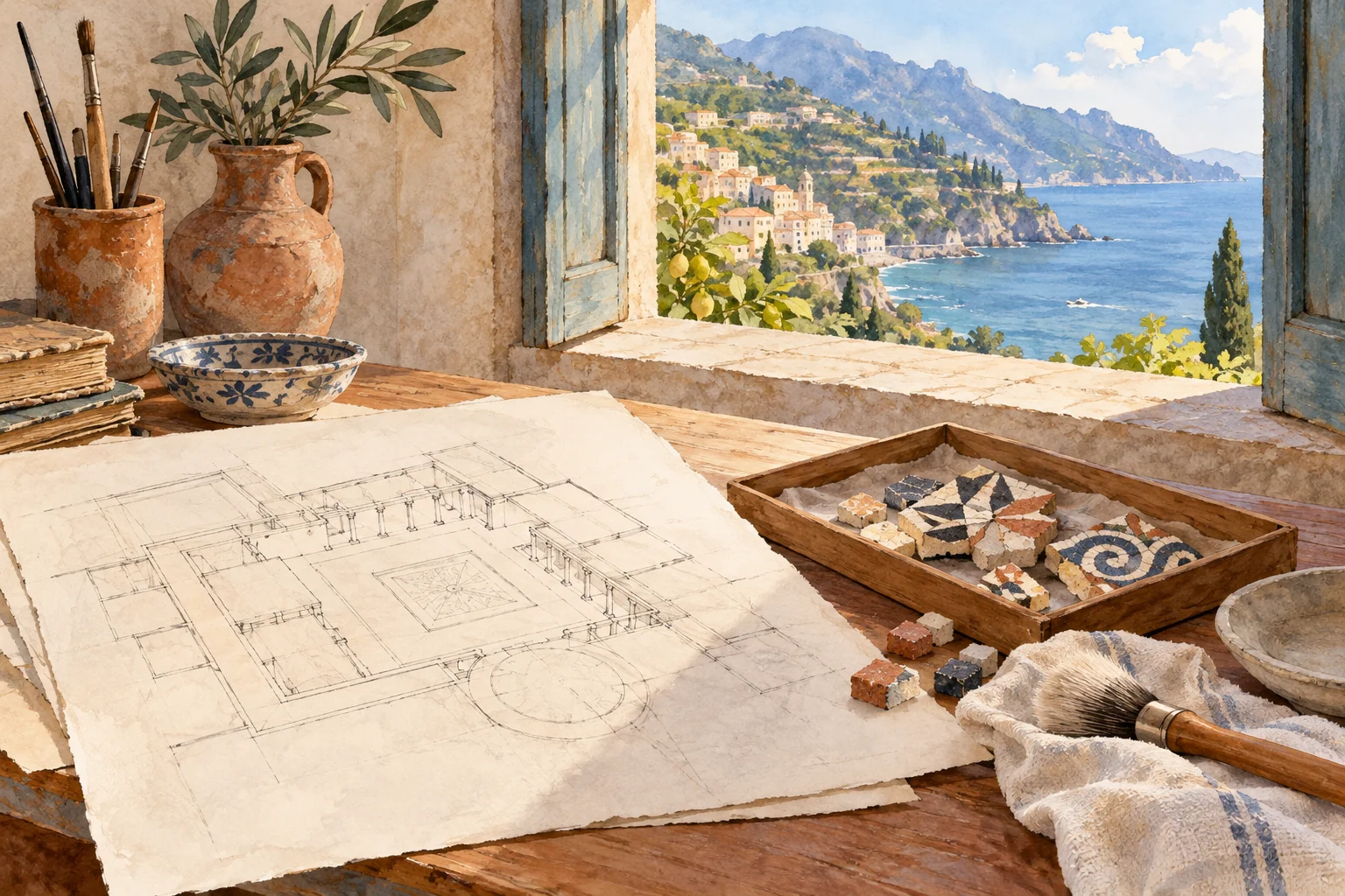 Editorial watercolor of an imagined conservation table with mosaic pieces, an unlabeled sketch and a coastal window; not the actual Minori villa or a reconstruction.
