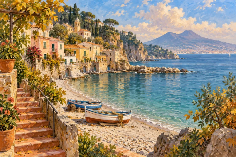 Editorial gouache of an imagined Sorrento-peninsula fishing village, small boats and pebble shore; not an exact Marina di Puolo view or route map.
