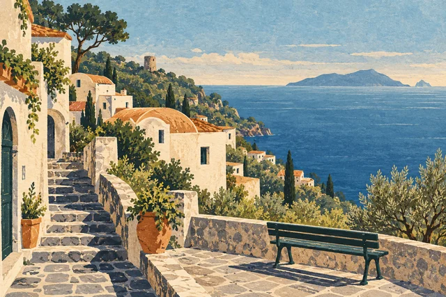 Editorial linocut and watercolor of an imagined peninsula hamlet with stone steps, a viewpoint bench and distant island; not a documentary view of Annunziata.
