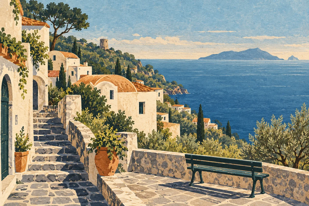 Editorial linocut and watercolor of an imagined peninsula hamlet with stone steps, a viewpoint bench and distant island; not a documentary view of Annunziata.