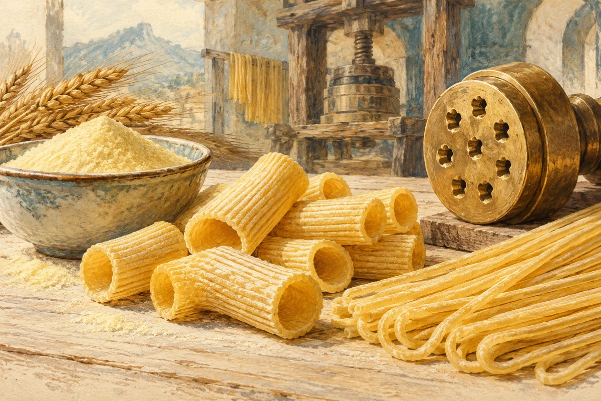 Editorial gouache still life of dry pasta, semolina and a bronze extrusion die with an imagined wooden press behind; not a photograph of a working factory.