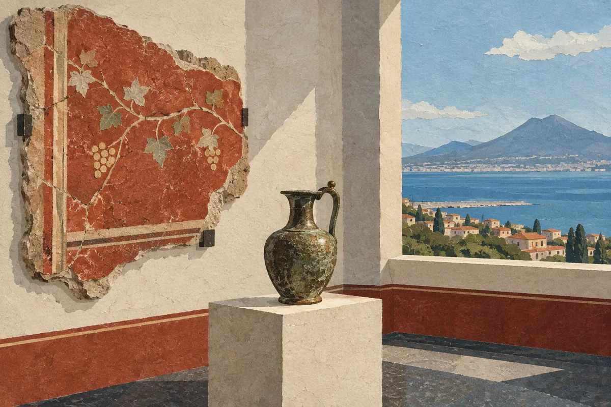 Editorial collage of an invented wall-painting fragment and bronze jug in a museum room overlooking a blue bay.
