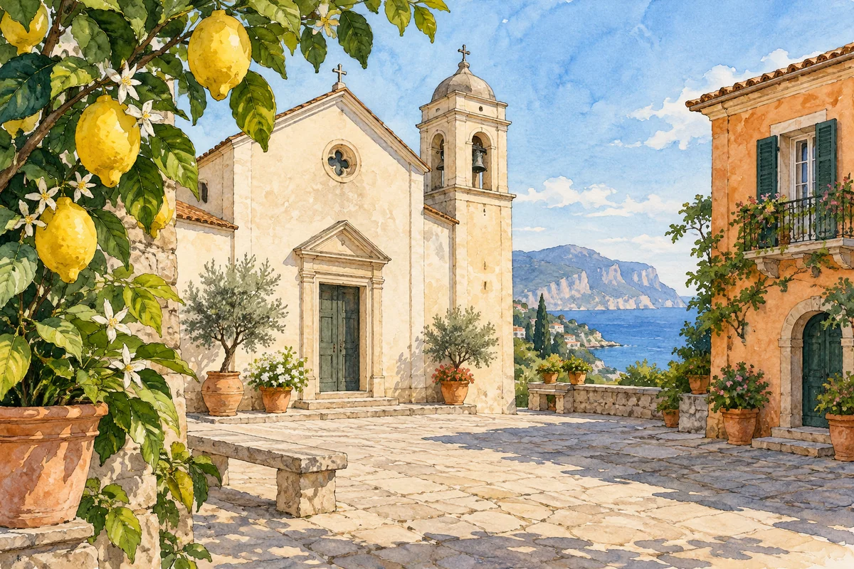 Conceptual watercolor of a small peninsula village square with a cream church, lemon branches and an ochre house.