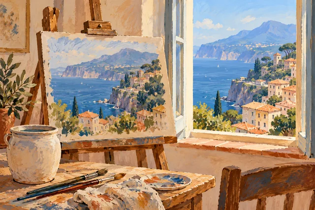 Conceptual gouache illustration of an easel with an invented coastal painting, brushes and a window overlooking a hillside.