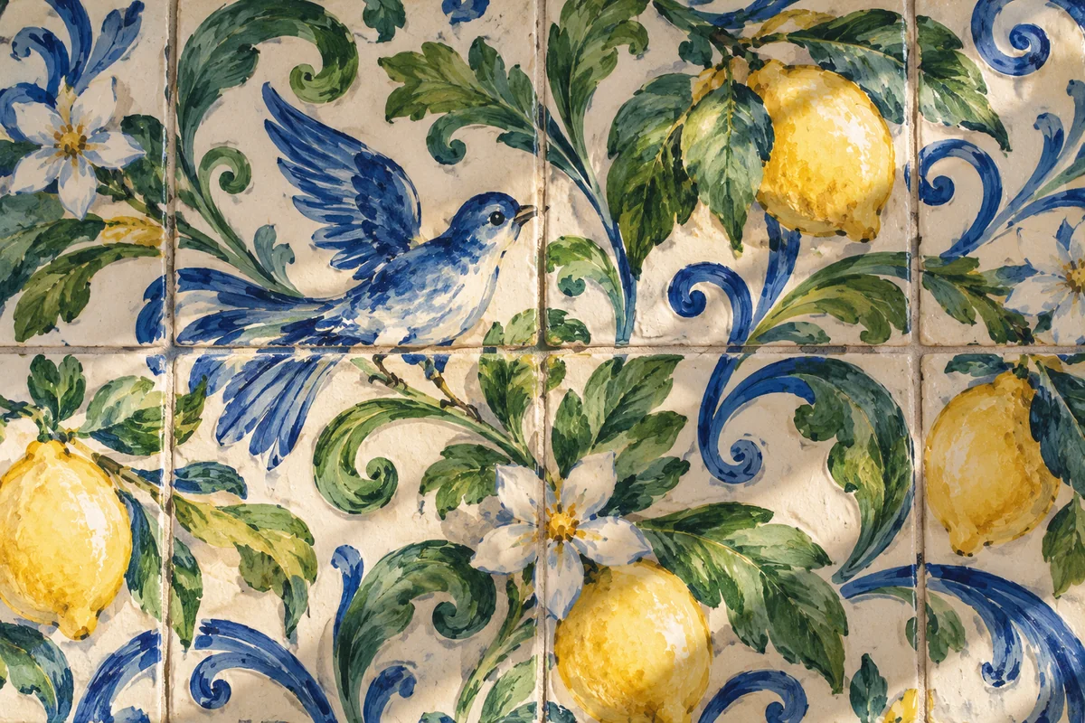 Conceptual watercolor of invented glazed ceramic tiles with a blue bird, green leaves and yellow fruit, rather than the actual church floor.