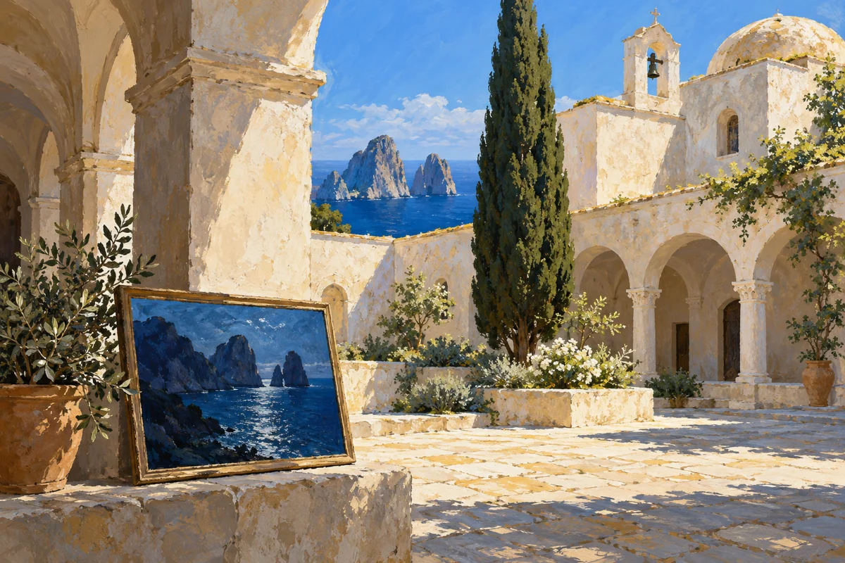 Conceptual gouache illustration of an imagined Mediterranean cloister and an invented framed seascape; not a reconstruction of the Certosa or a reproduction of a painting.