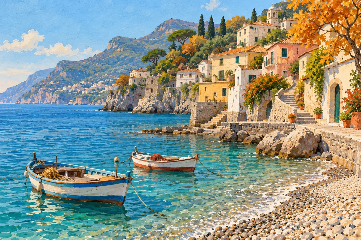 Conceptual gouache illustration of two small boats beside an imagined pebble shore, with warm houses and paths rising along a Campanian hillside.