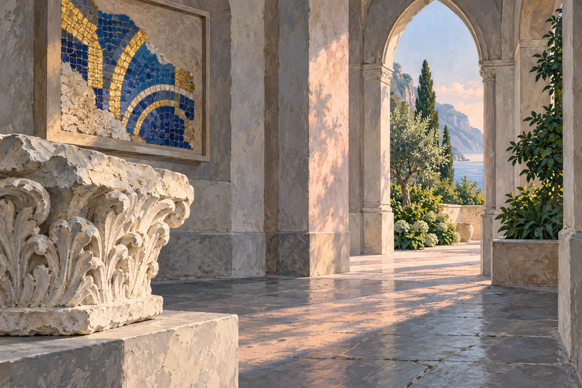 Conceptual gouache illustration of an invented museum passage with a stone fragment, mosaic and arcade; not a photograph of Amalfi’s cathedral museum.