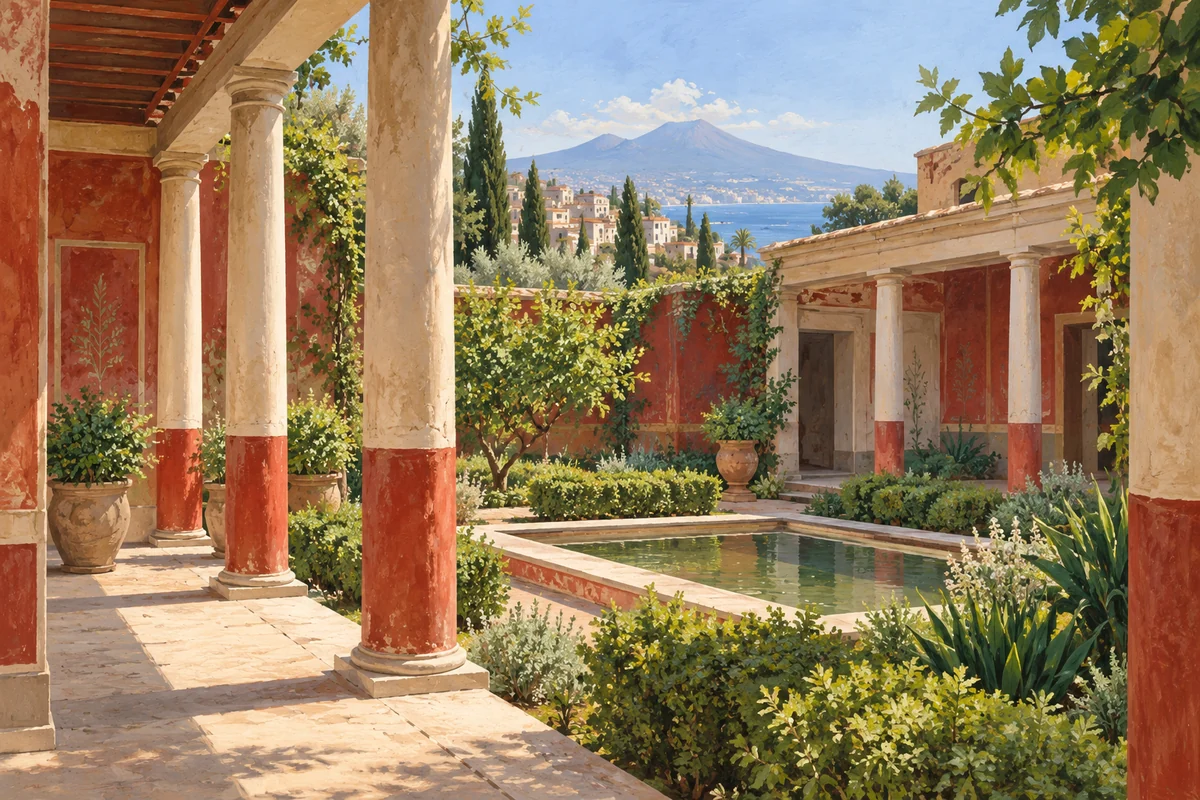 Conceptual gouache illustration of an imagined courtyard with red wall fragments and columns; not a reconstruction of Oplontis.