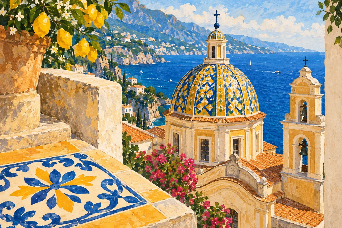 Conceptual gouache of an imagined coastal church square, a ceramic-covered dome and a patterned tile against a blue sea.