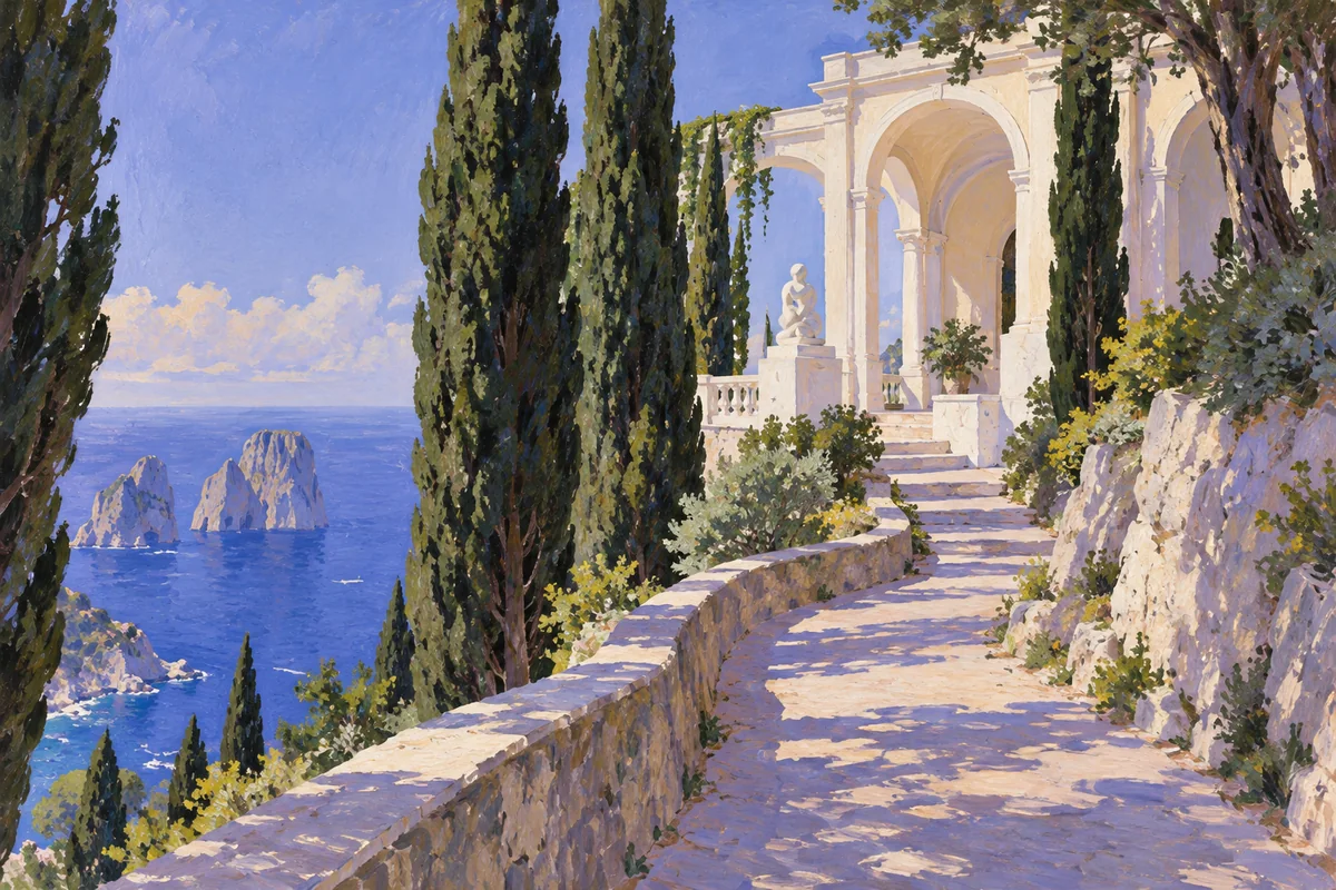 Conceptual gouache of an imagined uphill island path leading between cypresses to a pale portico and small sculpture above the sea.