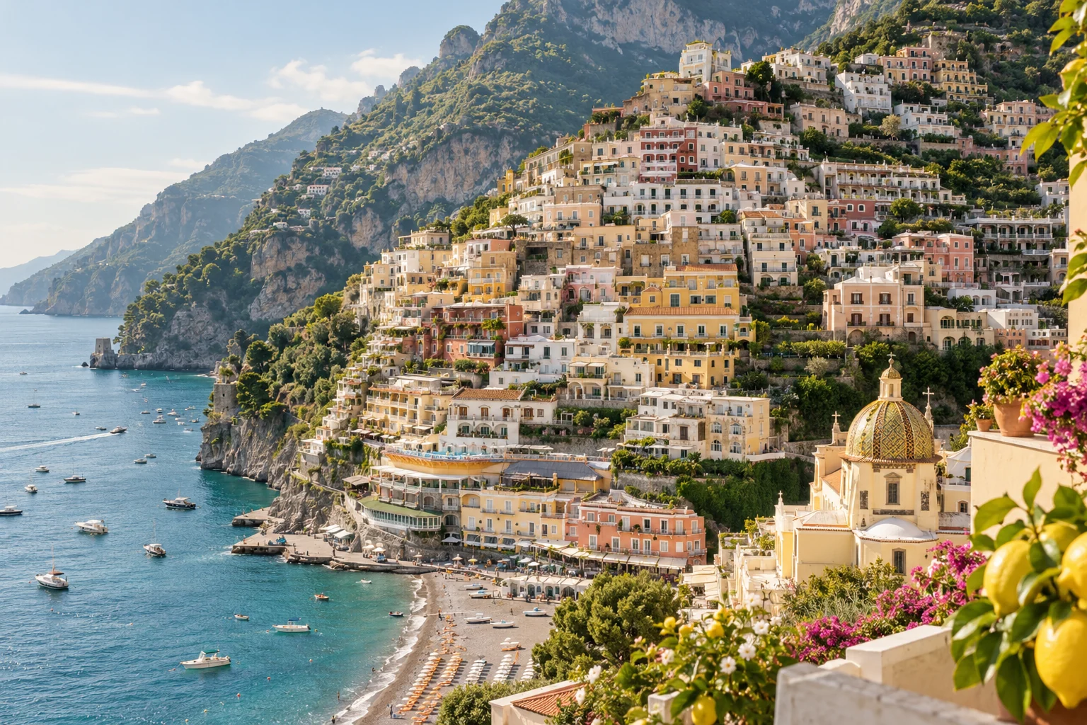 Pastel houses and a tiled church dome descending toward the beach at Positano; editorial illustration.