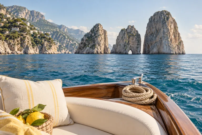 Rocky sea stacks beyond the polished wooden bow and cream cushions of a boat; editorial illustration.