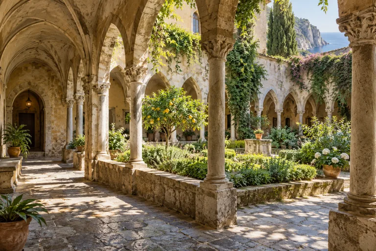 Stone arches and slender columns around a planted Mediterranean courtyard; editorial illustration.