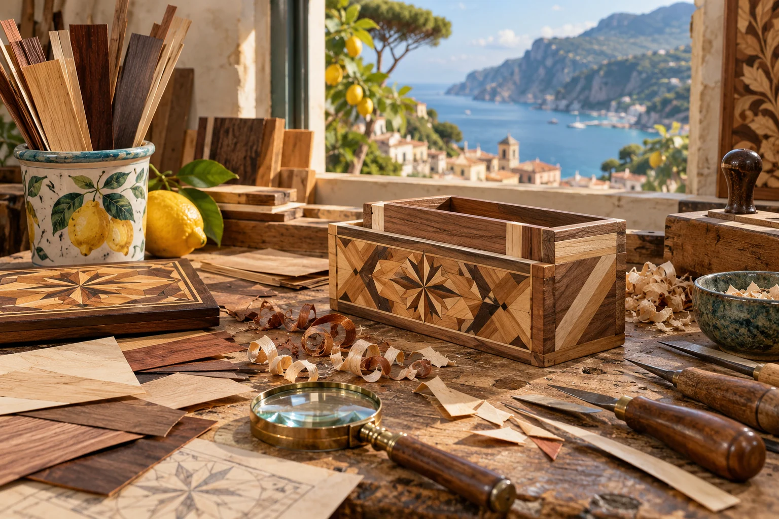 A geometric inlaid wooden box, veneers, tools and wood shavings on an artisan workbench; editorial illustration.