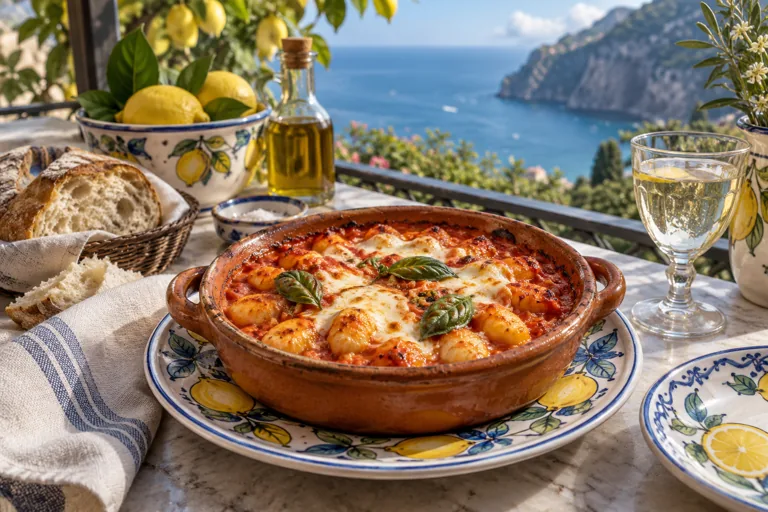 Baked gnocchi with tomato, mozzarella and basil in a terracotta dish beside bread and ceramics; editorial illustration.