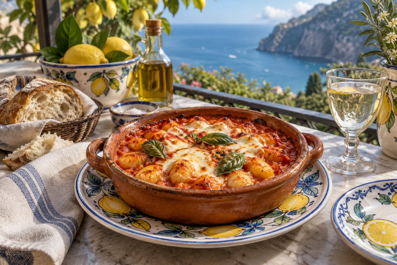 Baked gnocchi with tomato, mozzarella and basil in a terracotta dish beside bread and ceramics; editorial illustration.