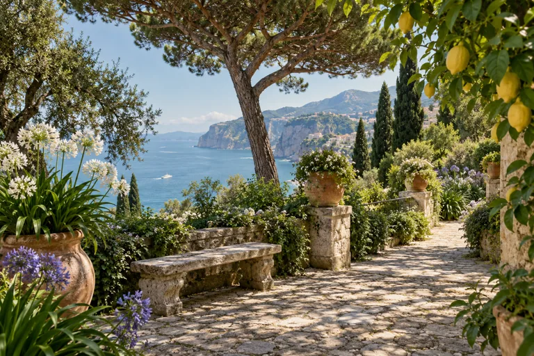 A stone bench and potted flowers beneath Mediterranean trees with a glimpse of the sea; editorial illustration.