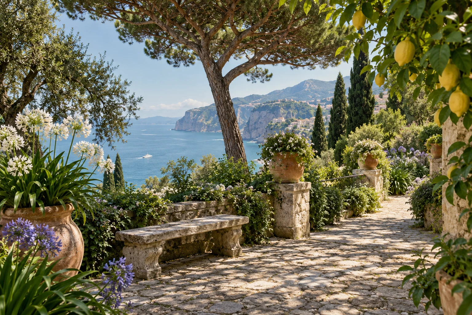 A stone bench and potted flowers beneath Mediterranean trees with a glimpse of the sea; editorial illustration.