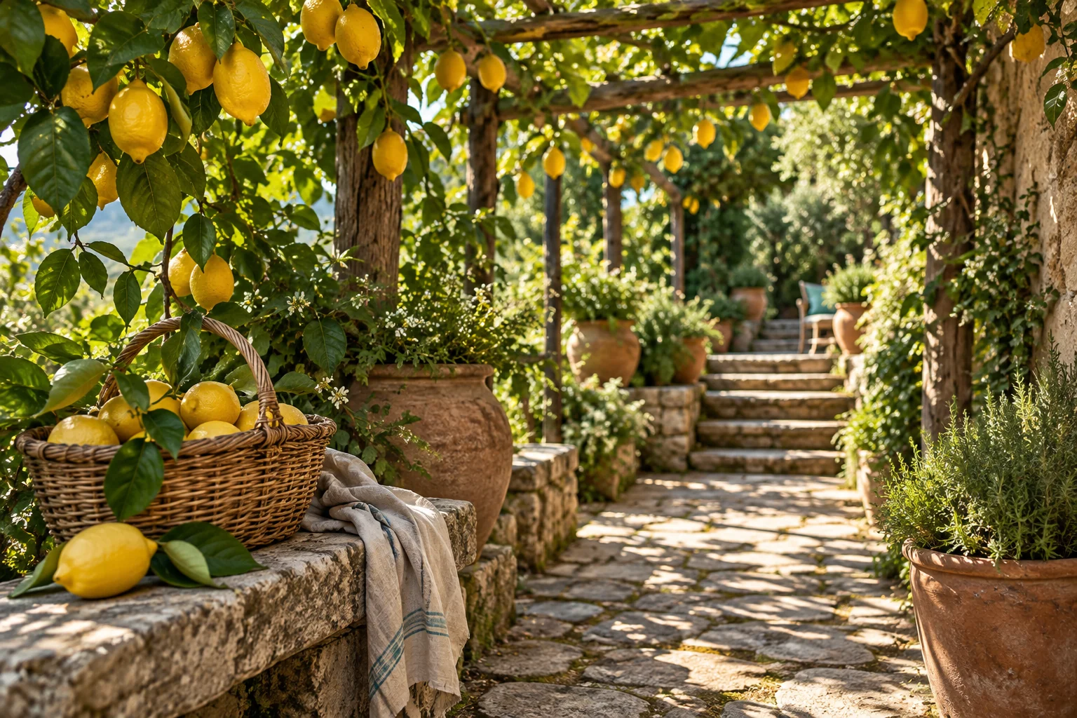 Ripe lemons beneath a timber pergola beside a basket and stone garden path; editorial illustration.