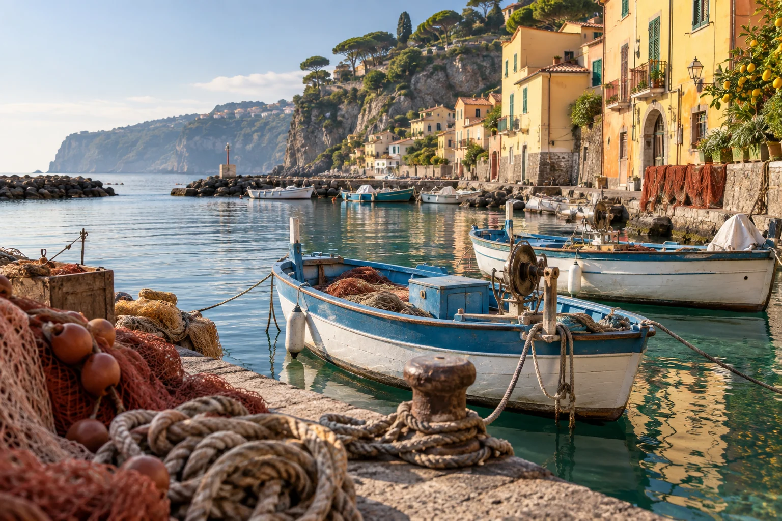Editorial illustration of wooden fishing boats in a Sorrento harbor